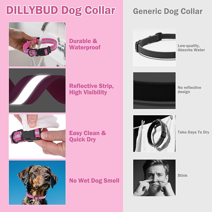 Waterproof Dog Collar, Soft Rubber with Safety Buckle - Adjustable Dog Collars for Large Small Medium Dogs Puppy, Heavy Duty Odor-Resistant Reflective Pet Collar, Purple L