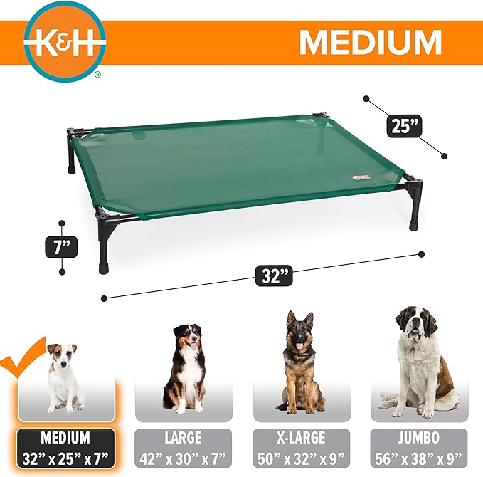 K&H Pet Products Outdoor Elevated Dog Cot, Cooling Raised Bed with Waterproof Breathable Mesh for Medium Dogs, Portable Place Bed with Heavy-Duty Metal Frame & Hammock Style Cover - Medium Green