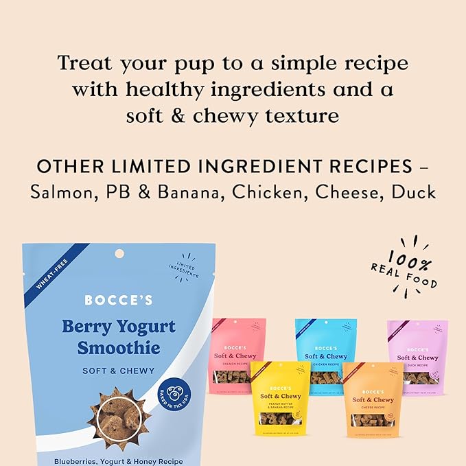 Bocce's Bakery Berry Smoothie Wellness Treats for Dogs, Wheat-Free Everyday Dog Treats, Made with Real Ingredients, Baked in The USA, All-Natural Soft & Chewy Cookies, 6 oz