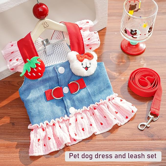 ANIAC Denim Dog Dress Harness with Leash Set Cute Small Dogs Clothes Girl Heart Patterns Puppy Dresses Breathable Mesh Cat Harness Leash Strawberry Chihuahua Yorkie Outfit (Pink Heart, XX-Large)