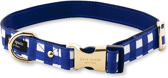 kate spade new york Cute Dog Collar with Gold Metal Details & Plastic Buckle, 15” to 22” Adjustable Dog Collar for Female or Male Dogs, Medium/Large, Navy Gingham
