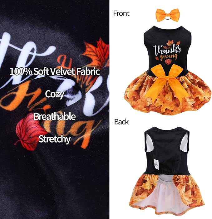 CuteBone Thanksgiving Dog Fall Dresses Costume Velvet Holiday Small Dogs Clothes Onesie Pet Apparel Girl Puppy Skirt with Bow Hair Rope CVA52XS-D