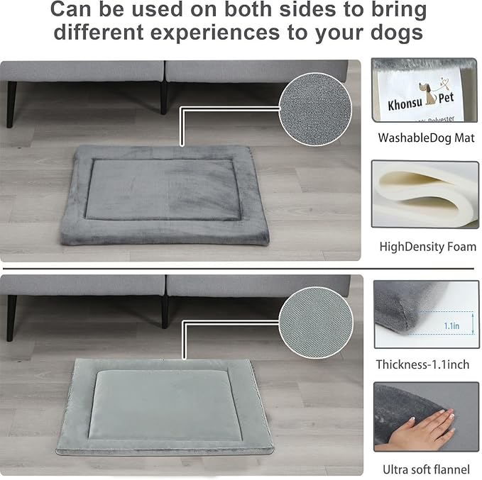 KHONSU PET Dog Bed Mat Crate Pad for Up to 90 lbs Dogs with Reversible Sides for Cold and Hot Seasons, Completely Washable Cushioned Pad 1.1inch Thin Dog Bed