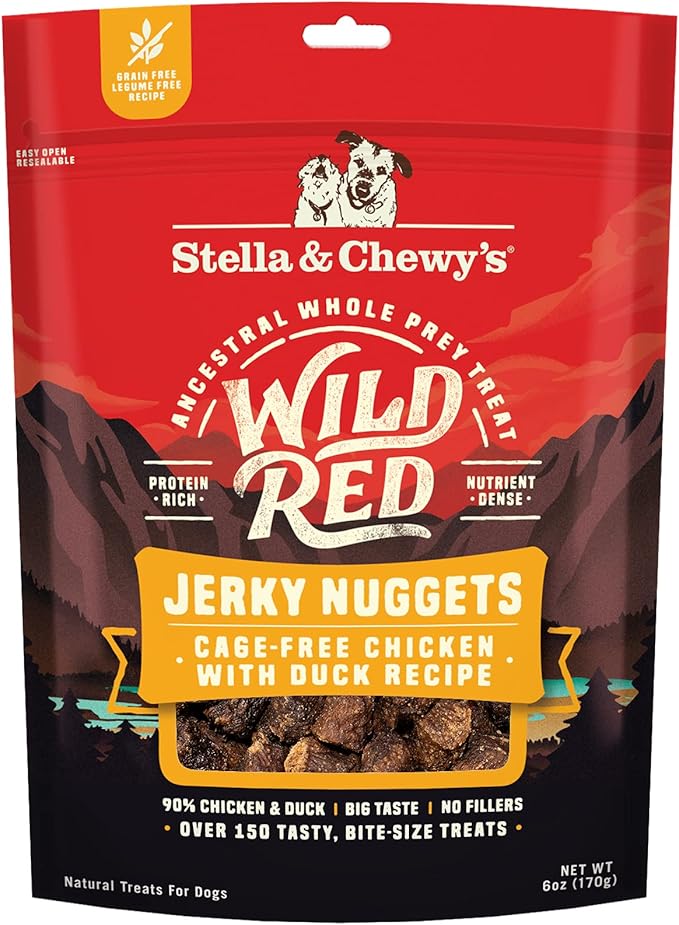 Stella & Chewy's Wild Red Jerky Nuggets - 90% Protein-Rich Chicken & Duck Dog Treats - Grain-Free Training Rewards for All Breeds - Made in USA - 6 oz Bag
