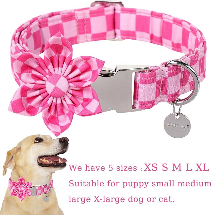Dog Collar with Flower, UP URARA PUP Cute Pink Dog Bowtie Collar, Detachable Flower Bow Puppy Collar with Metal Buckle for Dogs,L