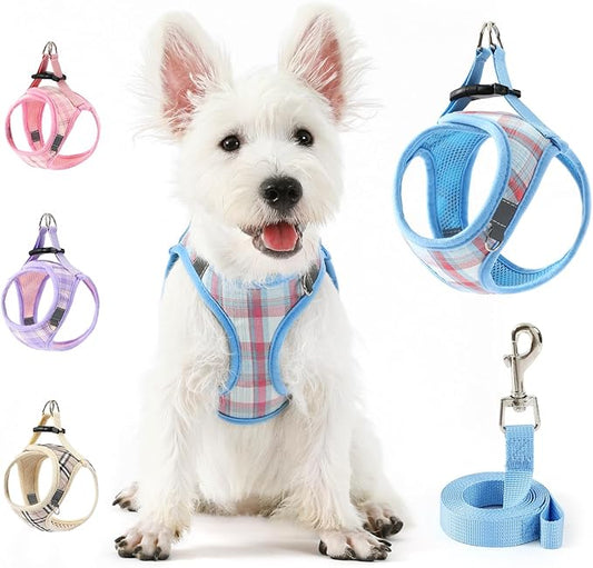 voopet Small Dog Harness and Leash Lightweight Cat Comfort Padded Soft Mesh Vest Step in Dog Harness No Pull No Choke Reflective Small Plaid Girl & Boy Puppy Kitty Walking Harness, Blue L