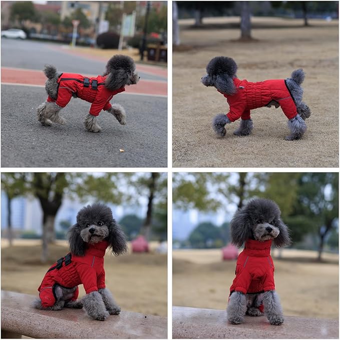 Warm Dog Coat Double Layers Dog Vest, 4 Legs Covered Windproof Waterproof Reflective Warm Dog Vest Outdoor Skating Dog Costume for Small Medium Large Dogs Red 5XL