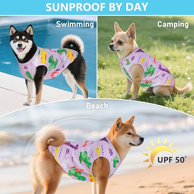 KYEESE 2 Pack Dog Shirts for Medium Dogs Quick Dry Breathable with Reflective Label Tank Top Sleeveless Vest Dog Apparel Dinosaur Pattern Sun-Blocking for Summer, XX-Large, Dinosaur+Purple