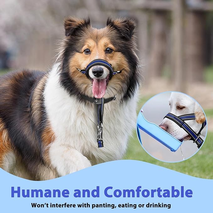 BARKLESS Soft Dog Head Collar, Patented Padded No Pull Head Halter, Training Nose Leash with Safety Link for Medium Large Dogs, Adjustable Muzzle Leash, Easy Control for Walking(Blue, L)