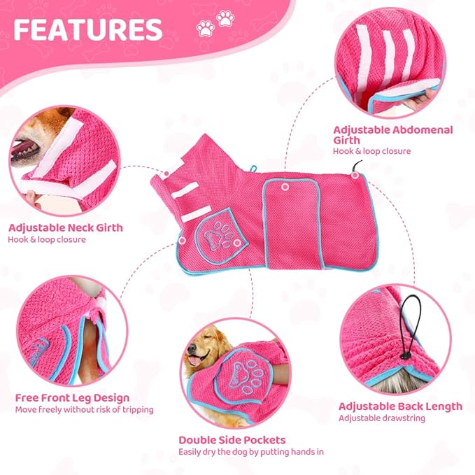 SlowTon Dog Bathrobe Towel - Super Absorbent Microfiber Pet Quick Drying Towel, Wearable Soft Bath Robes for After Bath Shower Swim Wet Walk, Adjustable for Small Middle Large Dogs (Pink, XS)