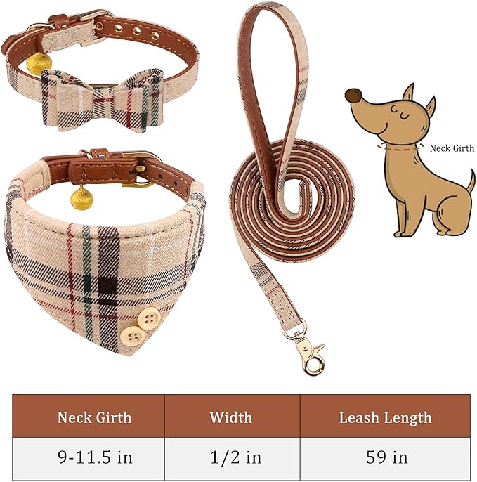 3 PCS Dog Collars for Small Puppy Collar and Leash Set, Bow Tie with Bell, Bandana Leather for Small Dogs Puppies and Cats(Beige)