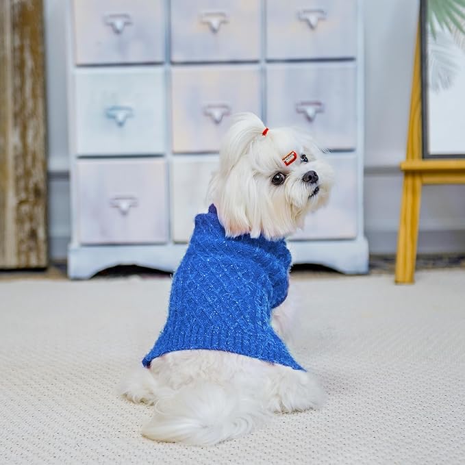 Turtleneck Small Dog Sweaters - Classic Cable Knitwear Winter Coat for Small Medium Dogs Male Female Puppy Dog Cold Weather Clothes Girls Boys, Blue, S/M