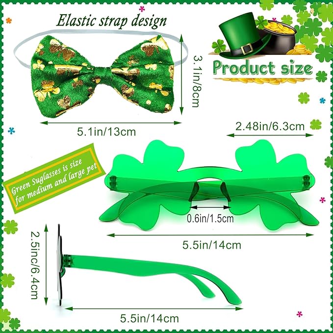 St Patrick's Day Dog Costume 3 Pcs Irish Leprechaun Green Tall Hat Pet Shamrock Sunglasses Bow Tie Kit for Large Dogs Saint Patricks Day Parties Dog Outfits (Large, Irish hat Bowtie Sunglasses)