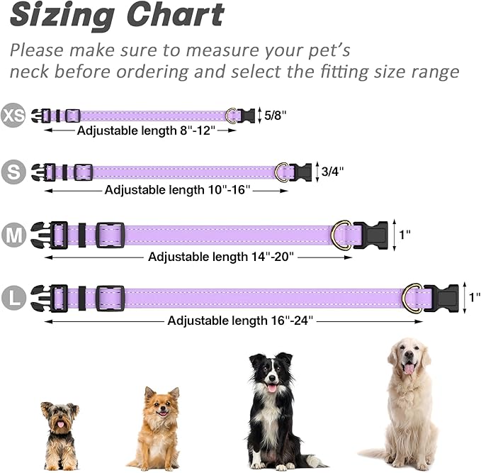 Reflective Dog Collar for Large Dogs, Cute Adjustable Heavy-Duty Nylon Puppy Collars for Boy and Girl Female, Soft Pet Accessories with Quick Release Buckle, Neck 16-24", Purple