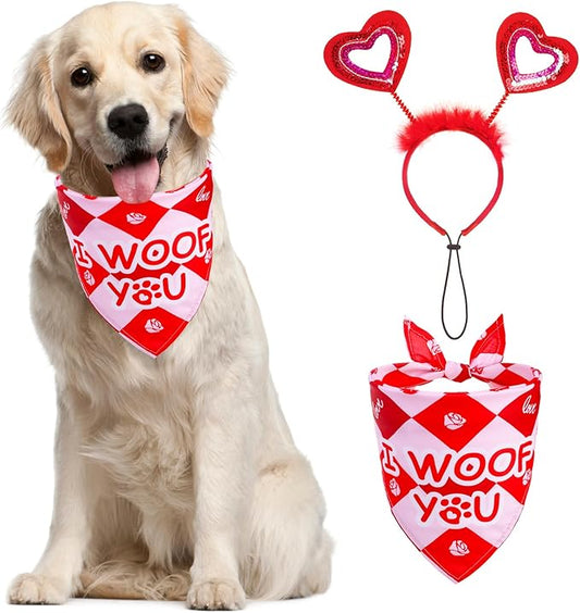 PUPTECK Valentine Dog Bandana Scarf with Cute Doggy Love Hat, Wedding Photo Prop Costume Decorations Supplies for Small Medium Large Dogs Boy Girl Outfit Engagement Gifts, Red