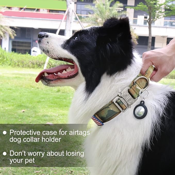 Hotsky Tactical Dog Collar, Adjustable Military Training Nylon Airtag Collar with Handle and Heavy Duty Metal Buckle for Medium Large Dogs, with Airtag Holder and Two Patches(Camo,M)