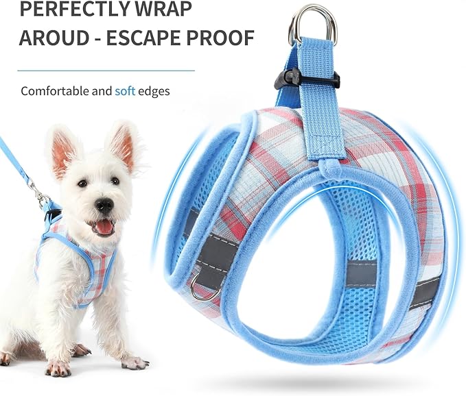 voopet Small Dog Harness and Leash Lightweight Cat Comfort Padded Soft Mesh Vest Step in Dog Harness No Pull No Choke Reflective Small Plaid Girl & Boy Puppy Kitty Walking Harness, Blue S