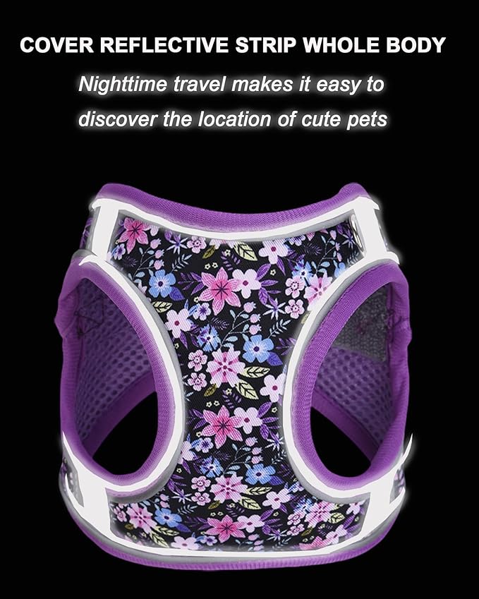 XS Purple Flower Pattern Dog Harness and Leash Set,No Escape Puppy Harnesses for Training Walking,Breathable Adjustable Puppy Vest for Small Medium Dogs, Cats (Purple, XS)