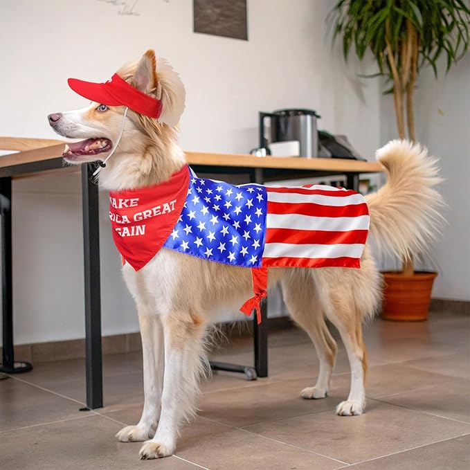 SCENEREAL 4th July Dog Costume Independence Day Pet Outfit Set Holiday Clothing Accessories Includes Dog Wig Hat, American Flag Cape and Patriotic Bandana for Medium Dogs