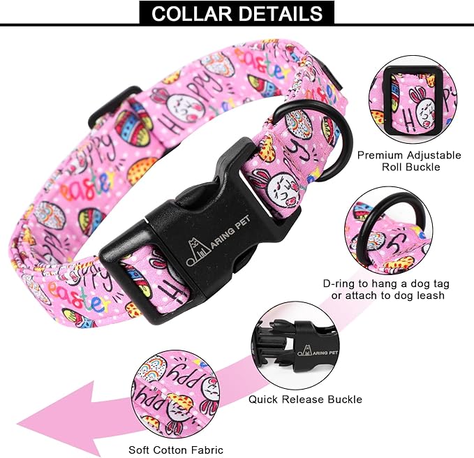 ARING PET Cute Easter Eggs Dog Collar, Adjustable Cotton Pink Puppy Collar with Quick Release Buckle