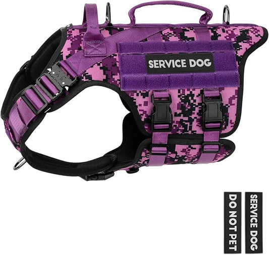 Tactical Dog Harness - PETNANNY Dog Harness Service Dog Vest for Large Breed Dog, Hook and Loop Panel for Service Dog Patchs, Work Dog MOLLE Vest with Handle for Walking Hiking Training(Purple Camo,M)