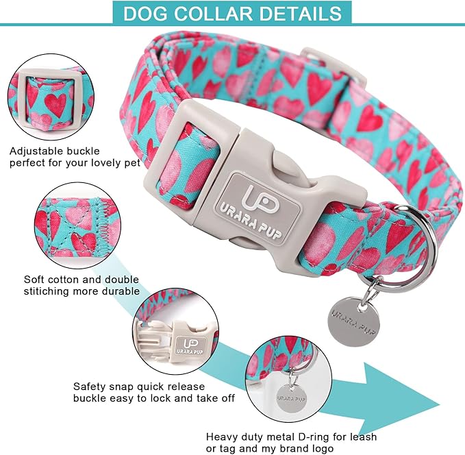 Pink Heart Dog Collar, Valentine's Gift for Puppy Small Medium Dogs, Adjustable Size, Cotton Material, Unique Design