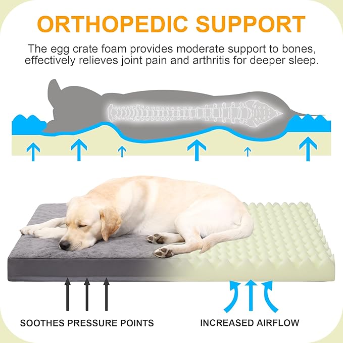 KSIIA Orthopedic Dog Crate Bed - Waterproof, Extra Large, Deluxe Plush, Washable with Egg Crate Foam & Removable Cover, 47 x 29 Inch, Dark Gray