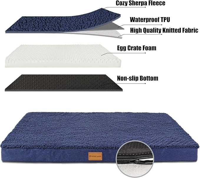 Patas Lague Orthopedic XL Dog Bed for Large Dogs 42''X28'', Soft Comfortable Waterproof Egg Crate Foam Big Large Pet Beds Mat with Removable Washable Cover, Navy Blue