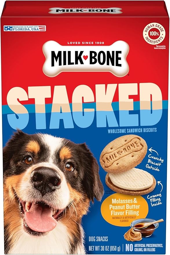 Milk-Bone Stacked Dog Treats, 30 Ounce (Pack of 2), Crunchy Biscuit with Molasses and Peanut Butter Creamy Filling