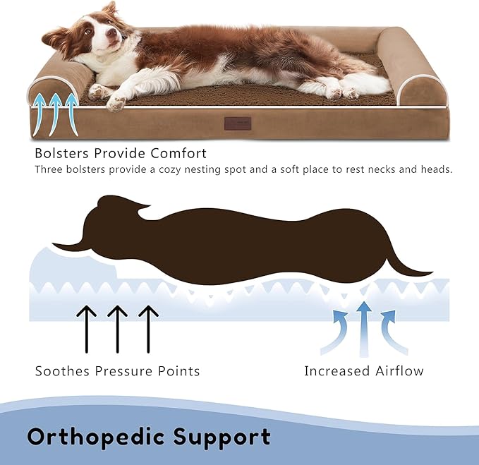 WESTERN HOME Orthopedic Dog Beds for Large Dogs, Foam Pet Sofa with Waterproof Lining, Removable Washable Cover and Nonskid Bottom, Dog Couch Bed for Comfortable Sleep,Brown Coffee