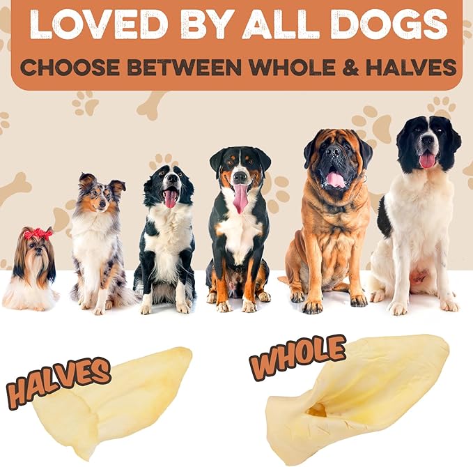 Premium Cow Ears For Dogs, Thick Cut & All-Natural Half Ears, 100% Grass Fed Beef, No Additives Or Hormones, Safe Rawhide Alternative, Great Dog Treat Alternative To Pig Ears, Bully Sticks, Dog Bones