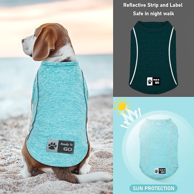 KYEESE Dog Shirt Medium Dog Quick Dry Soft Breathable Dog T-Shirt with Reflective Stripe Lightweight Tank Top Summer Stretchy Sleeveless Vest, Lake Blue, 2XL