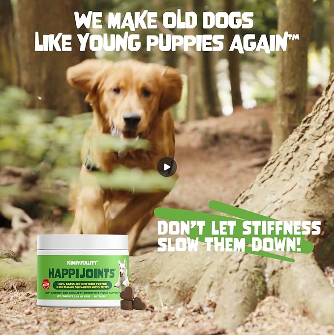 HappiJoints Hip and Joint Supplement Treats for Dogs, Cats • 100% Grass-Fed Beef Bone Collagen New Zealand Green-Lipped Mussels • 200 Treats 2-Pack