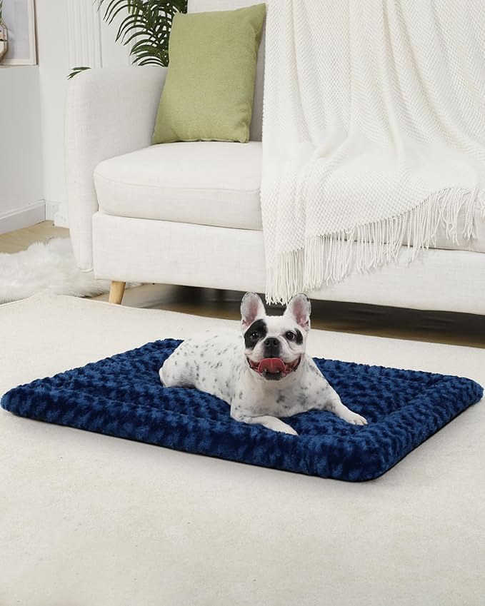 Washable Dog Bed Mat Reversible Dog Crate Pad Soft Fluffy Pet Kennel Beds Dog Sleeping Mattress for Large Jumbo Medium Small Dogs, 35 x 22 Inch, Blue