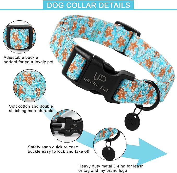 Christmas Dog Collar,Adjustable Gingerbread Pet Collar,Chriatmas Puppy Collar for Small Medium Large Dogs,L