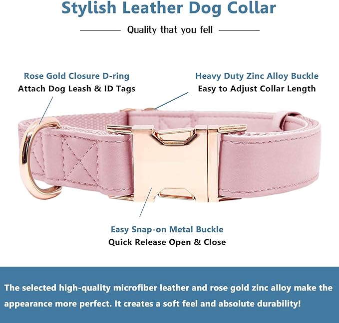Soft Leather Dog Collar and Leash (6.6') Set - Stylish Rose Gold Heavy Duty Metal Buckle, 4 Adjustable Lengths Leash for Small Medium Large Dogs - Comfortable & Easy to Clean Pink M(13.8"-19.7")