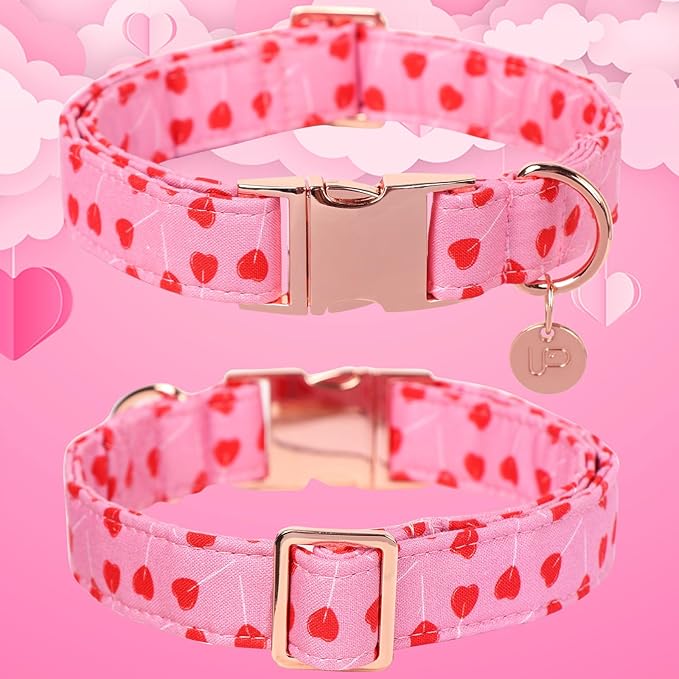 Valentine's Dog Collar, Pink Heart Pattern, Cotton, Adjustable Size, Metal Buckle, Medium, Pink, For Small, Medium, Large Dogs or Cats