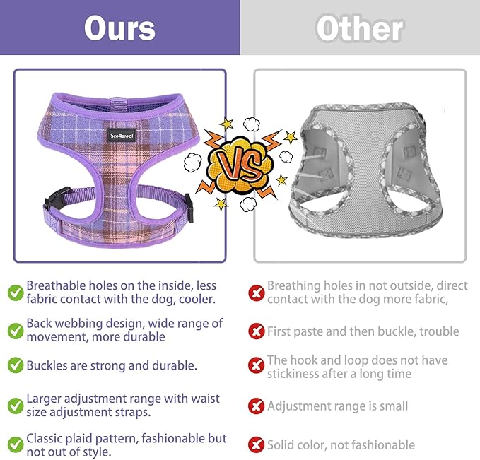 SCENEREAL Puppy Dog Harness with Leash Set for Small Medium Sized Dogs, Soft Mesh Step in Pet Harnesses and Leash, No Chock Plaid Adjustible No Pull Vest for Dogs Cats, Chihuahua,Bulldog (Purple XS)