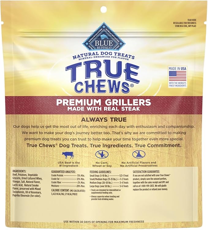 Blue Buffalo True Chews Premium Grillers Dog Treats, Made in the USA with Natural Ingredients, Steak, 30-oz. Bag