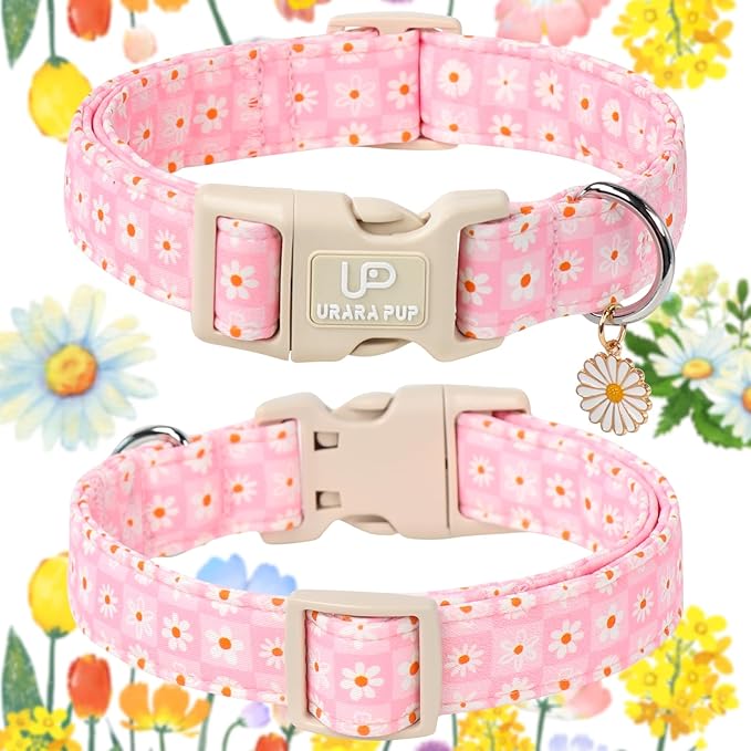 Pet Collar-Summer Daisy Dog Collars-Pink Grid Puppy Collar-Adjustable, Sturdy & Cute Girl Boy Dog Collars for Outdoor Fun