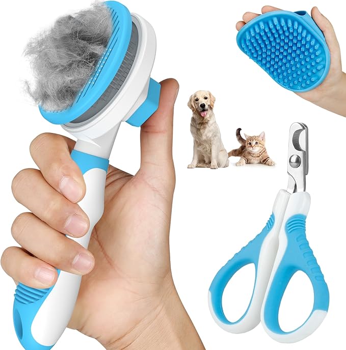 Comotech 3PCS Cat Grooming Kit | Cat Brush | Cat Brushes for indoor Cats | Cat Nail Clipper | Cat Nail Trimmer | Cat Bath Brush | Cat Brush for Shedding - Premium Cat Supplies (Blue)