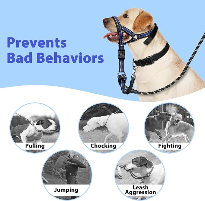 BARKLESS Soft Dog Head Collar, Patented Padded No Pull Head Halter, Training Nose Leash with Safety Link for Medium Large Dogs, Adjustable Muzzle Leash, Easy Control for Walking(Blue, L)
