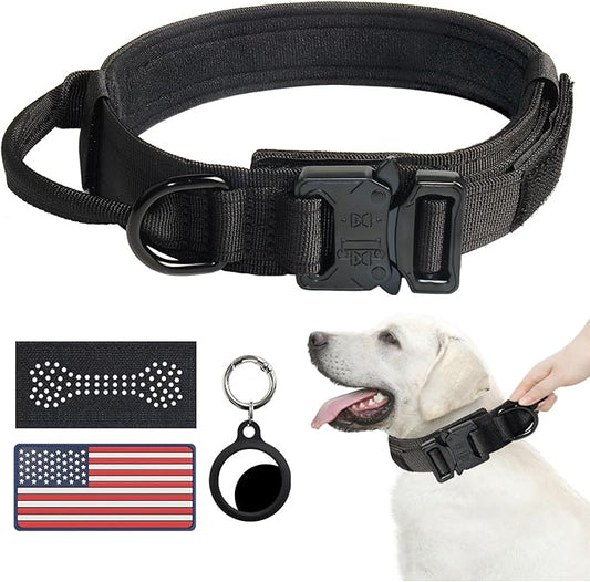 Hotsky Tactical Dog Collar, Adjustable Military Training Nylon Airtag Collar with Handle and Heavy Duty Metal Buckle for Medium Large Dogs, with Airtag Holder and Two Patches(Black,L)