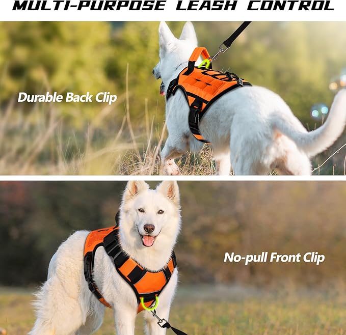 WINGOIN Orange Tactical Dog Harness Vest for Large Medium Dogs No Pull Adjustable Reflective K9 Military Dog Service Harnesses with Handle for Walking, Hiking, Training(M)