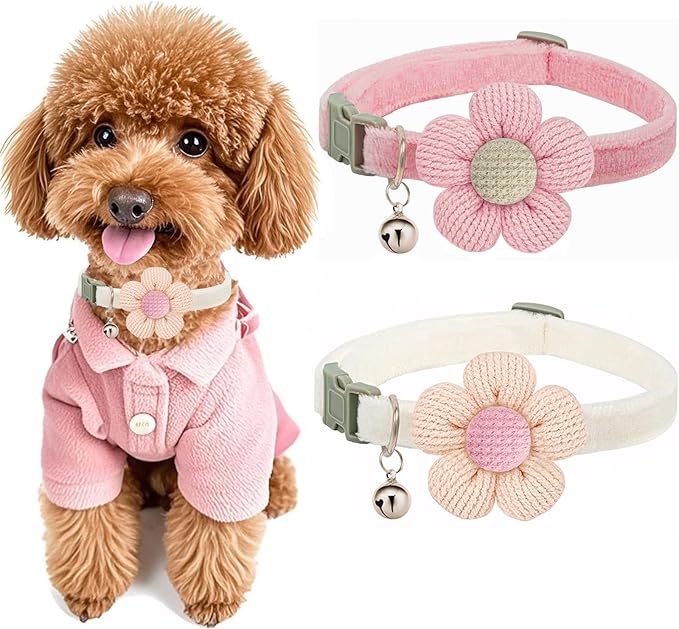 Puppy Collars for Litter, Small Dog Collar with Flower, XS Dog Collars for Small Dogs with Bell for Girl Boy Little Dog (Pink + White)