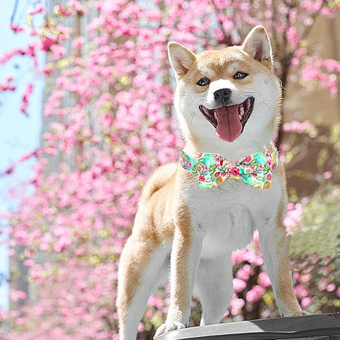 Dog Collar Cute Flowers Print Pet Collar Soft Dog Collar with Bow Adjustable Metal Buckle Collars Gift for X-Large Dogs