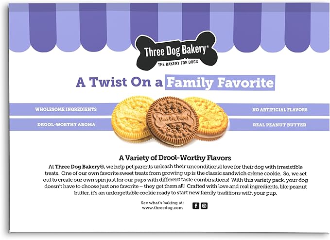 Three Dog Bakery Lick'n Crunch Sandwich Cookies Premium Dog Treats with No Artificial Flavors, Carob/Peanut Butter, Golden/Vanilla, 39 Ounces (Pack of 1)