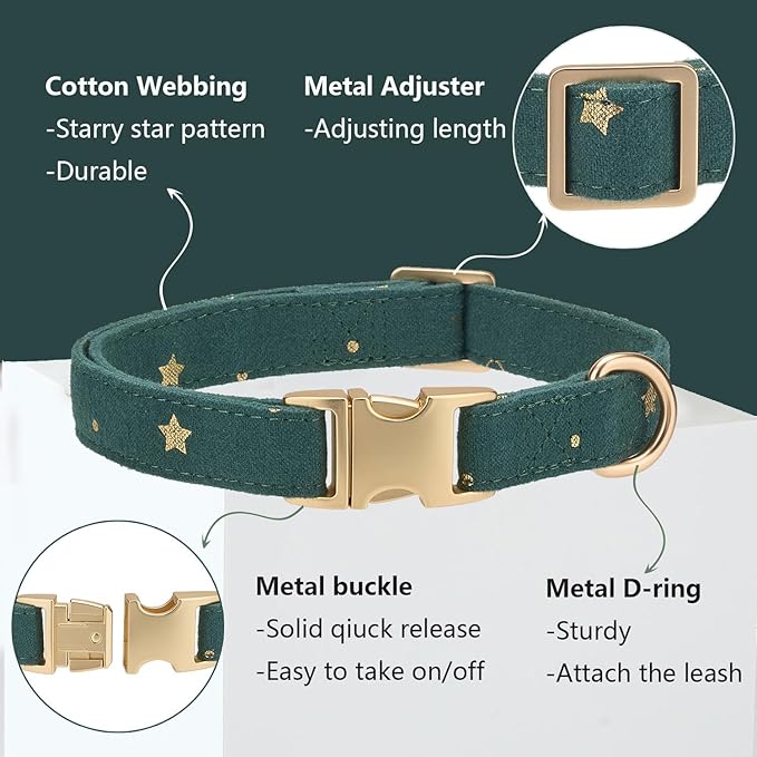 Cotton Dog Collar with Metal Buckle Adjustable Soft Dog Collars with Gold Star for Small Medium Large Dogs,Dark Green,Medium