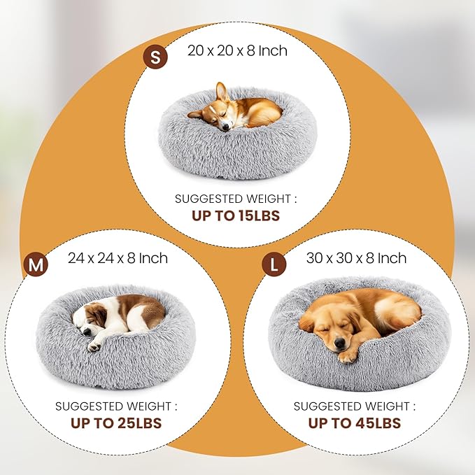DUMOS Calming Donut Cat & Dog Bed for Small Dogs, Machine Washable Cuddle Warming Cozy Fluffy Faux Fur Plush Round Dog Bed, Anti-Anxiety Waterproof Anti-Slip Pet Bed, Grey, 20×20×8 Inches