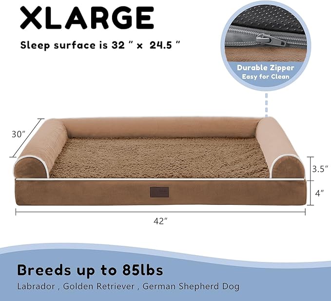 WESTERN HOME Orthopedic Dog Beds for Large Dogs, Foam Pet Sofa with Waterproof Lining, Removable Washable Cover and Nonskid Bottom, Dog Couch Bed for Comfortable Sleep,Brown Coffee